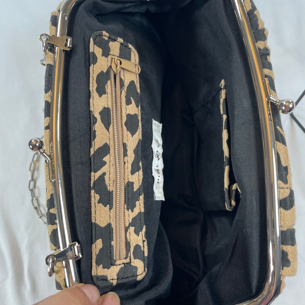 Nine West Leopard Print Faux Suede Pouch Clutch Bag Tan Black Chain Strap - Picture 5 of 8